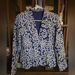 Vintage Floral Navy and White Women's Blazer Jacket